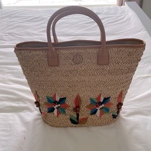 Tory Burch Embroidered Straw Bag